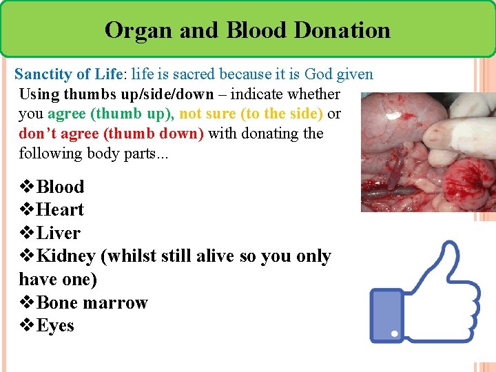 Organ and Blood Donation Sanctity of Life: life is sacred because it is God