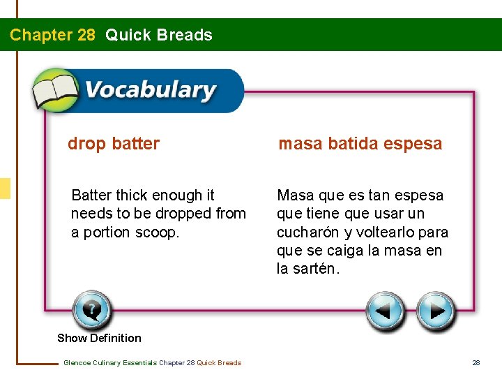 Chapter 28 Quick Breads drop batter masa batida espesa Batter thick enough it needs