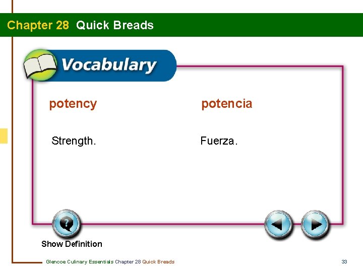 Chapter 28 Quick Breads potency potencia Strength. Fuerza. Show Definition Glencoe Culinary Essentials Chapter