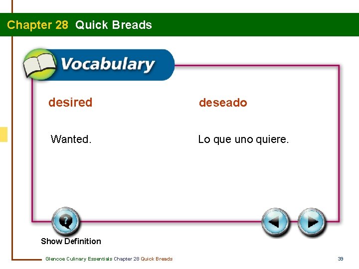 Chapter 28 Quick Breads desired deseado Wanted. Lo que uno quiere. Show Definition Glencoe