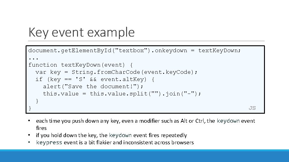Key event example document. get. Element. By. Id("textbox"). onkeydown = text. Key. Down; .