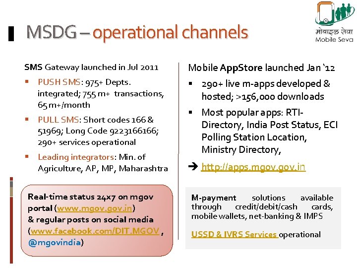 MSDG – operational channels SMS Gateway launched in Jul 2011 Mobile App. Store launched