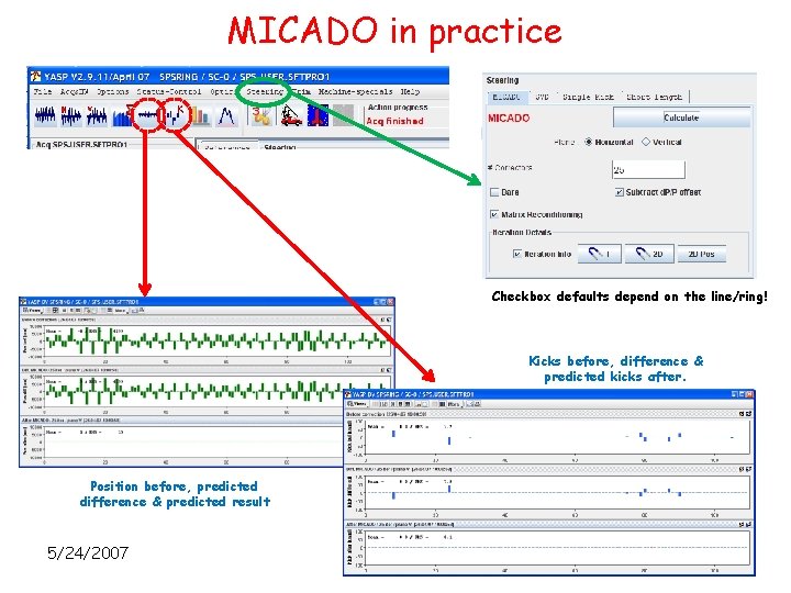 MICADO in practice Checkbox defaults depend on the line/ring! Kicks before, difference & predicted