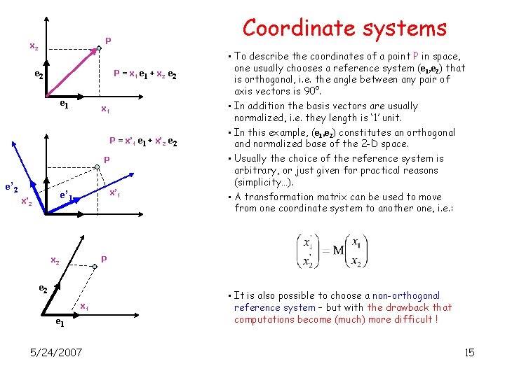 Coordinate systems P x 2 e 2 P = x 1 e 1 +