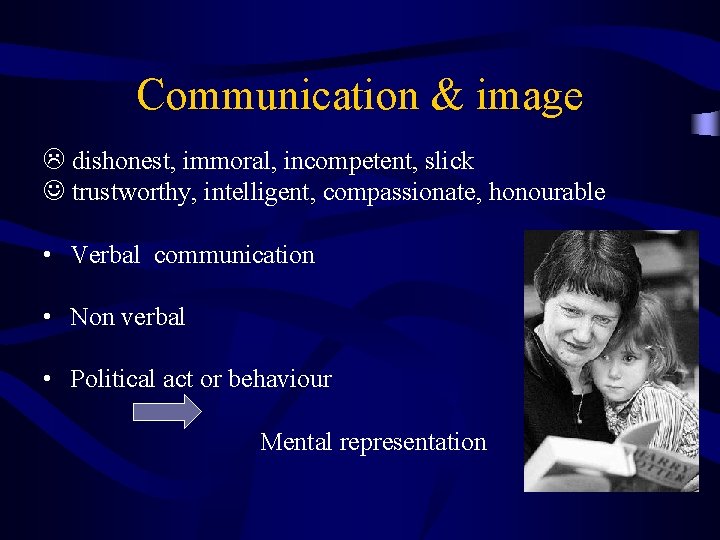 Communication & image dishonest, immoral, incompetent, slick trustworthy, intelligent, compassionate, honourable • Verbal communication