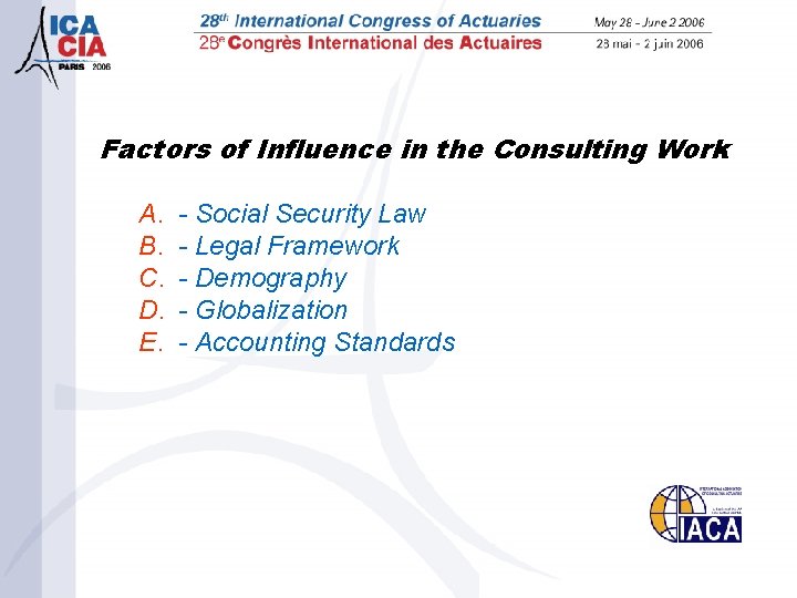 Factors of Influence in the Consulting Work A. B. C. D. E. - Social