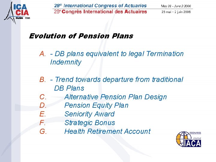 Evolution of Pension Plans A. - DB plans equivalent to legal Termination Indemnity B.