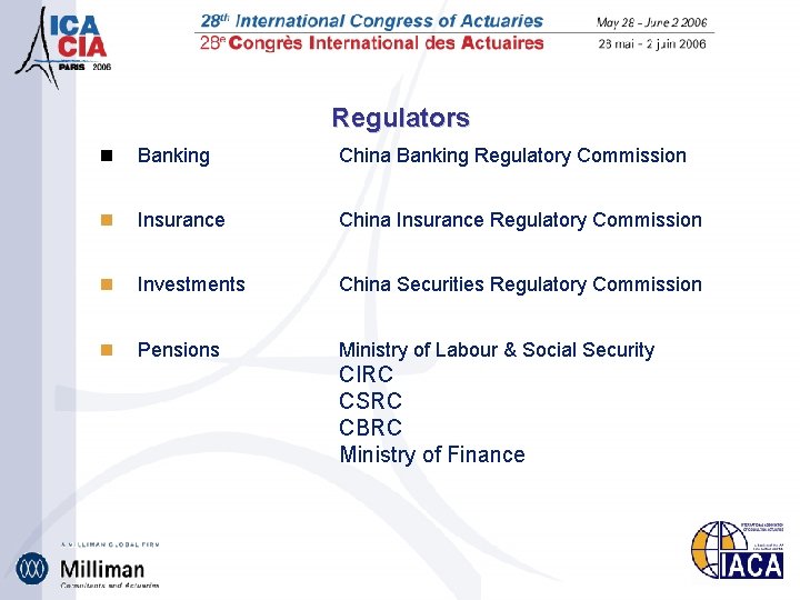 Regulators n Banking China Banking Regulatory Commission n Insurance China Insurance Regulatory Commission n
