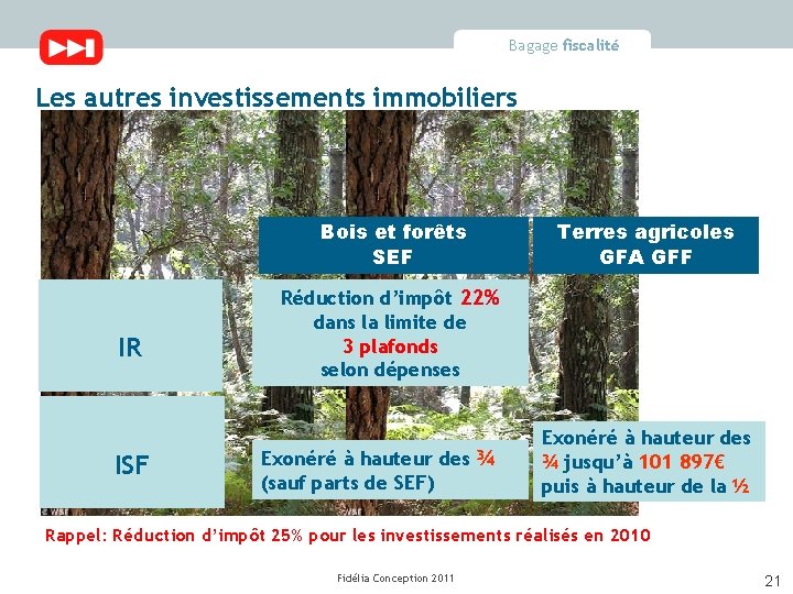 Bagage fiscalité Les autres investissements immobiliers Bois et forêts SEF IR ISF Terres agricoles