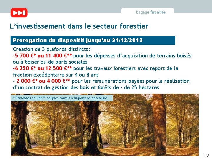 Bagage fiscalité L’investissement dans le secteur forestier Prorogation du dispositif jusqu’au 31/12/2013 Création de