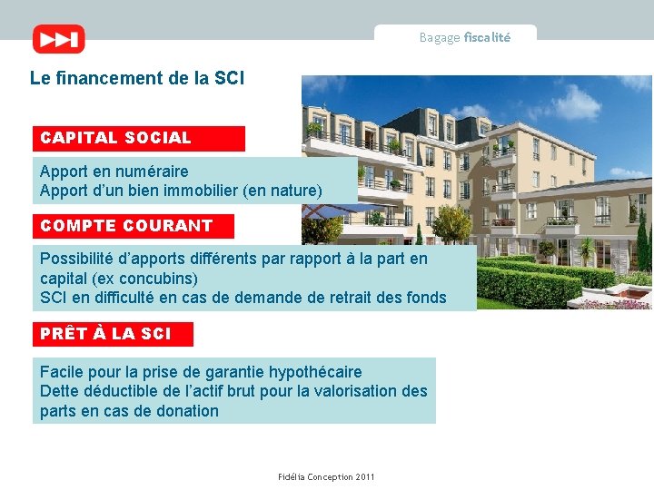 Bagage fiscalité Le financement de la SCI CAPITAL SOCIAL Apport en numéraire Apport d’un