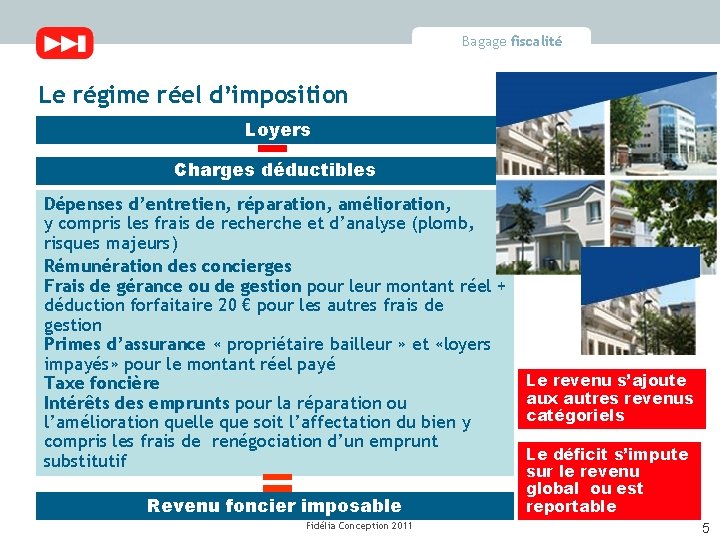 Bagage fiscalité Le régime réel d’imposition Loyers Charges déductibles Dépenses d’entretien, réparation, amélioration, y