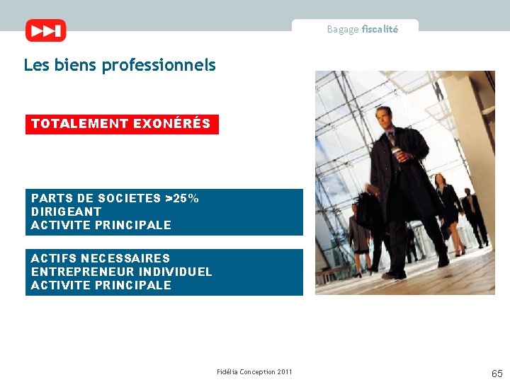 Bagage fiscalité Les biens professionnels TOTALEMENT EXONÉRÉS PARTS DE SOCIETES >25% DIRIGEANT ACTIVITE PRINCIPALE