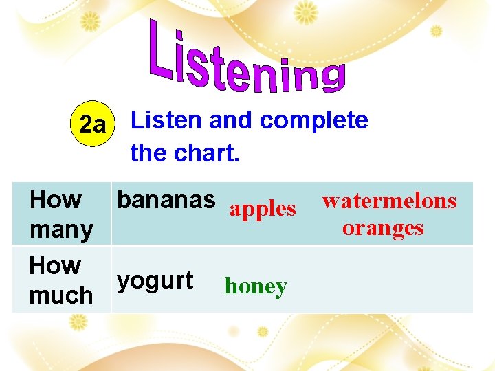 2 a Listen and complete the chart. How bananas apples watermelons oranges many How