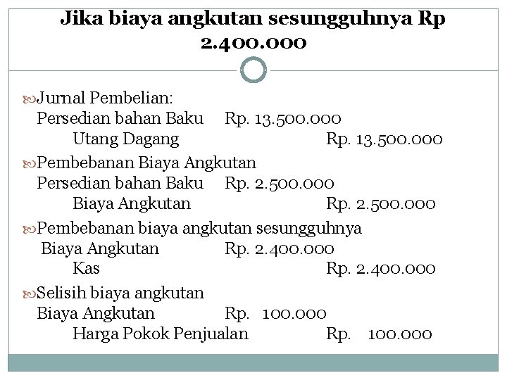 Jika biaya angkutan sesungguhnya Rp 2. 400. 000 Jurnal Pembelian: Persedian bahan Baku Rp.