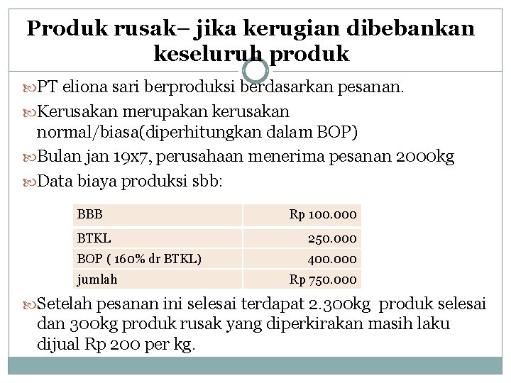 Produk rusak– jika kerugian dibebankan keseluruh produk PT eliona sari berproduksi berdasarkan pesanan. Kerusakan