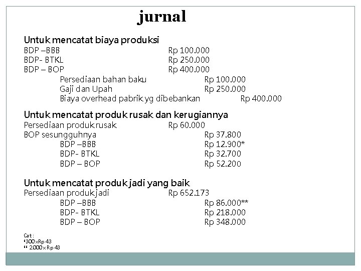 jurnal Untuk mencatat biaya produksi BDP –BBB Rp 100. 000 BDP- BTKL Rp 250.