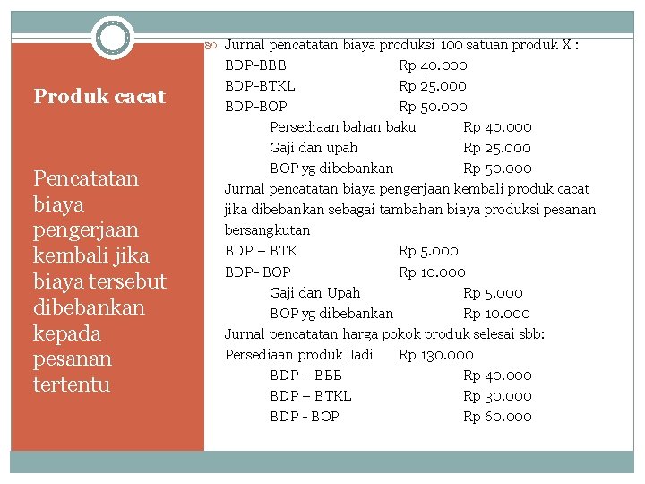  Jurnal pencatatan biaya produksi 100 satuan produk X : Produk cacat Pencatatan biaya