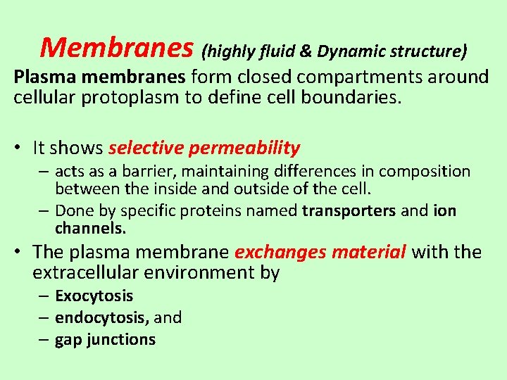 Membranes (highly fluid & Dynamic structure) Plasma membranes form closed compartments around cellular protoplasm