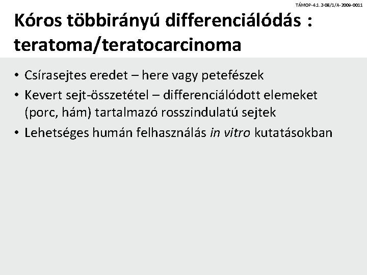 TÁMOP-4. 1. 2 -08/1/A-2009 -0011 Kóros többirányú differenciálódás : teratoma/teratocarcinoma • Csírasejtes eredet –