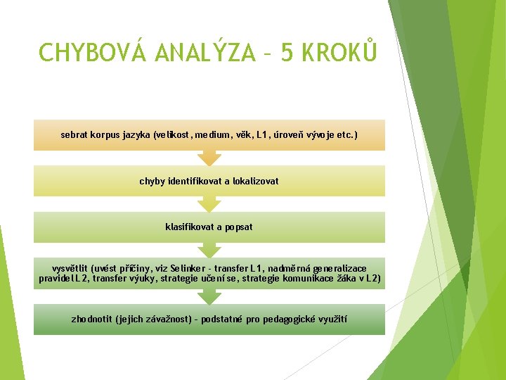 CHYBOVÁ ANALÝZA – 5 KROKŮ sebrat korpus jazyka (velikost, medium, věk, L 1, úroveň