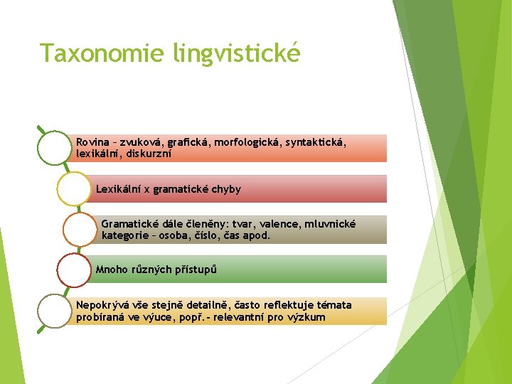 Taxonomie lingvistické Rovina – zvuková, grafická, morfologická, syntaktická, lexikální, diskurzní Lexikální x gramatické chyby