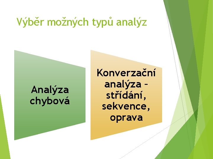 Výběr možných typů analýz Analýza chybová Konverzační analýza – střídání, sekvence, oprava 