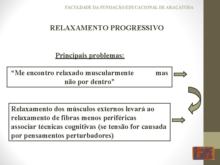 FACULDADE DA FUNDAÇÃO EDUCACIONAL DE ARAÇATUBA RELAXAMENTO PROGRESSIVO Principais problemas: “Me encontro relaxado muscularmente