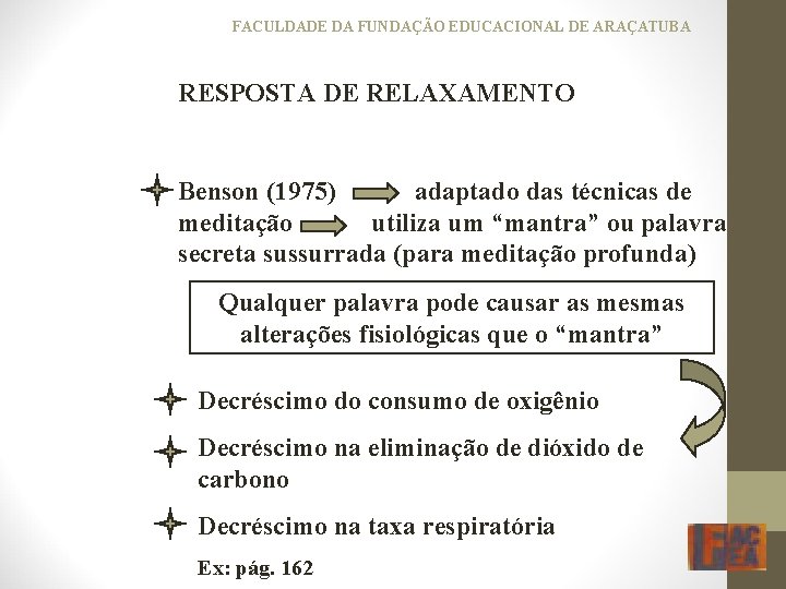 FACULDADE DA FUNDAÇÃO EDUCACIONAL DE ARAÇATUBA RESPOSTA DE RELAXAMENTO Benson (1975) adaptado das técnicas