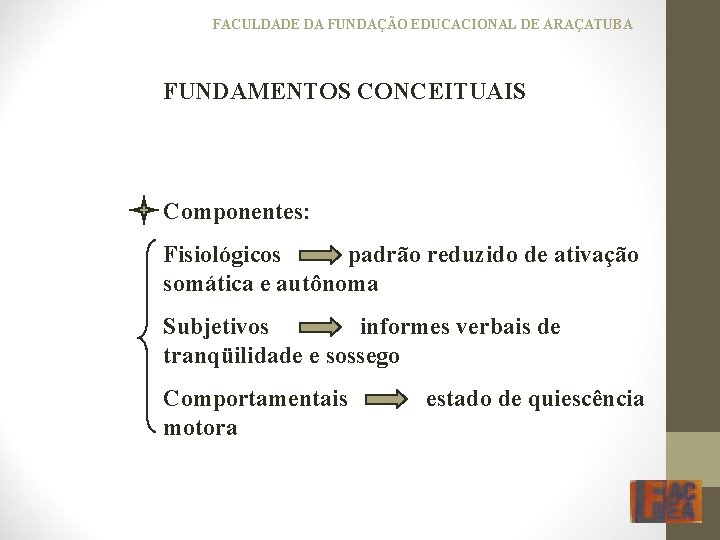 FACULDADE DA FUNDAÇÃO EDUCACIONAL DE ARAÇATUBA FUNDAMENTOS CONCEITUAIS Componentes: Fisiológicos padrão reduzido de ativação