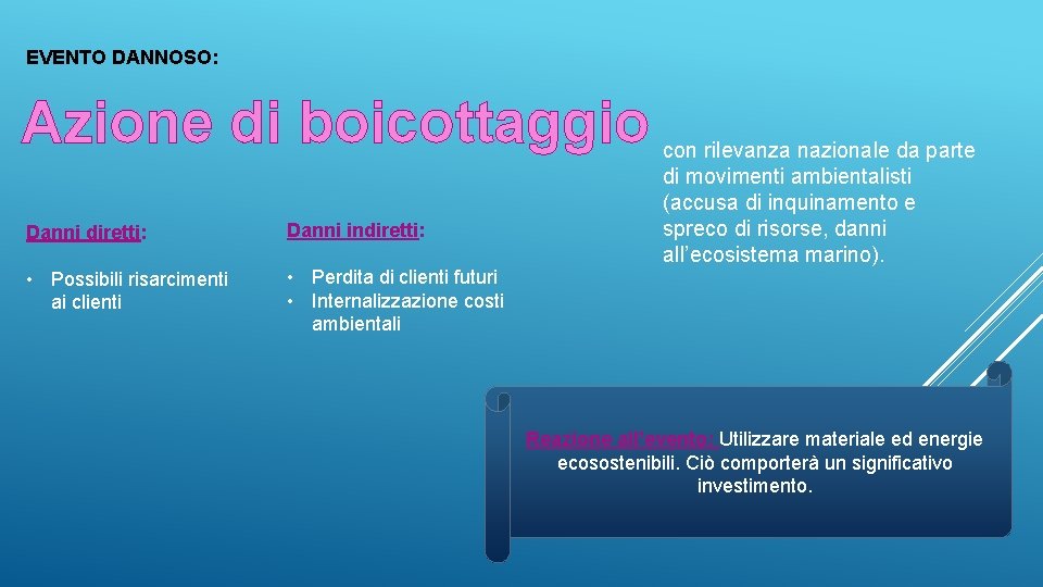 EVENTO DANNOSO: Azione di boicottaggio Danni diretti: Danni indiretti: • Possibili risarcimenti ai clienti