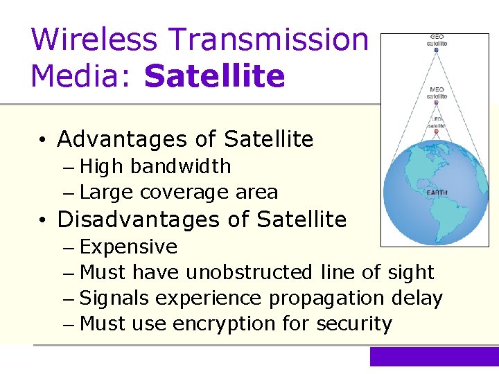 Wireless Transmission Media: Satellite • Advantages of Satellite – High bandwidth – Large coverage