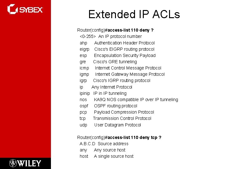 Extended IP ACLs Router(config)#access-list 110 deny ? <0 -255> An IP protocol number ahp