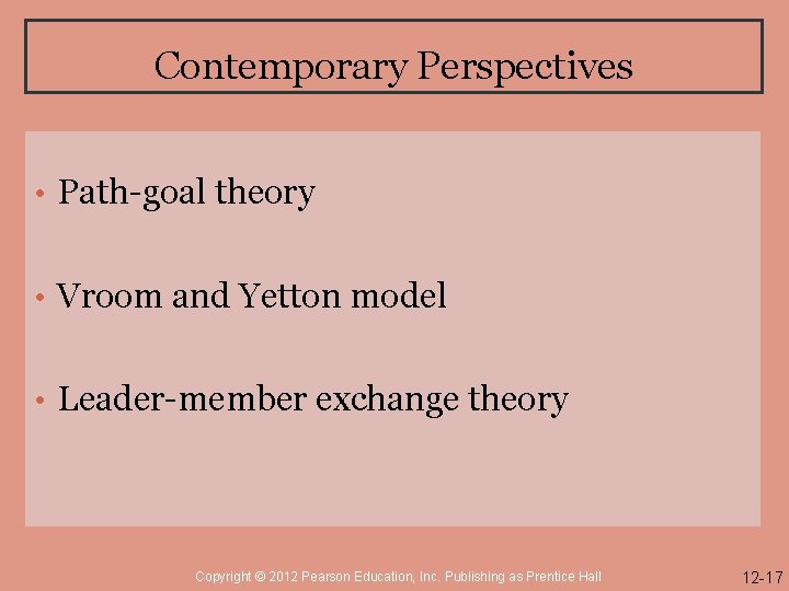 Contemporary Perspectives • Path-goal theory • Vroom and Yetton model • Leader-member exchange theory