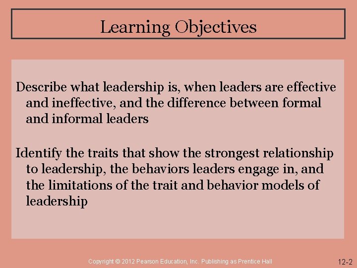 Learning Objectives Describe what leadership is, when leaders are effective and ineffective, and the