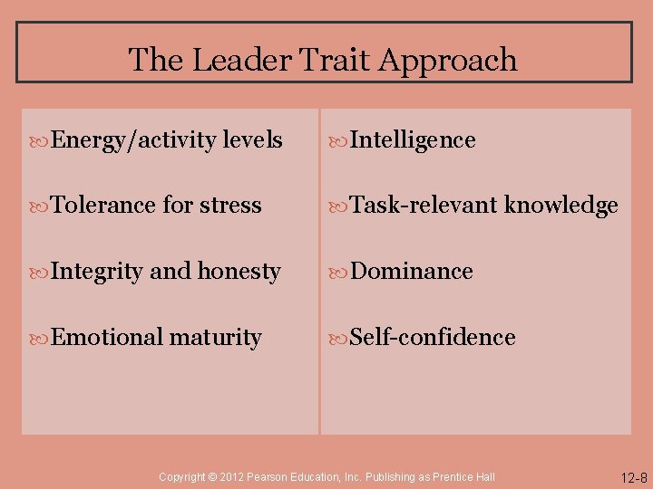 The Leader Trait Approach Energy/activity levels Intelligence Tolerance for stress Task-relevant knowledge Integrity and