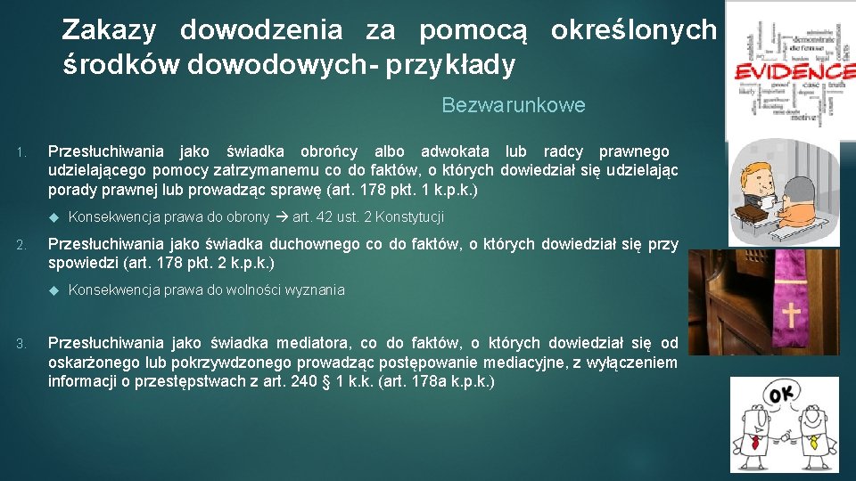 Zakazy dowodzenia za pomocą określonych środków dowodowych- przykłady Bezwarunkowe 1. Przesłuchiwania jako świadka obrońcy