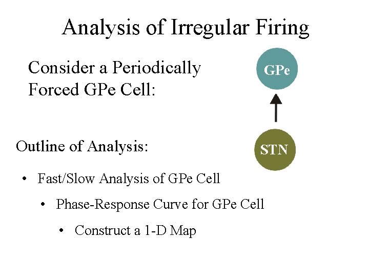 Analysis of Irregular Firing Consider a Periodically Forced GPe Cell: Outline of Analysis: GPe