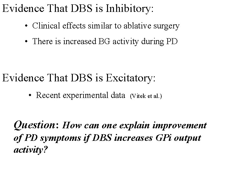 Evidence That DBS is Inhibitory: • Clinical effects similar to ablative surgery • There