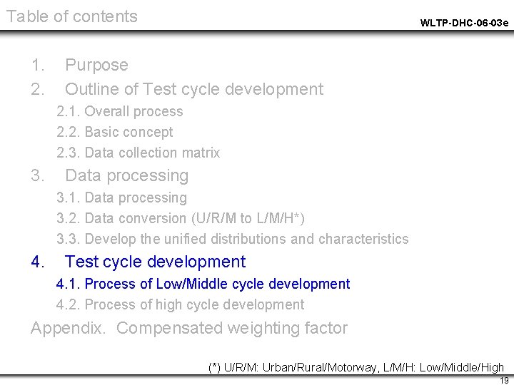 Table of contents 1. 2. WLTP-DHC-06 -03 e Purpose Outline of Test cycle development