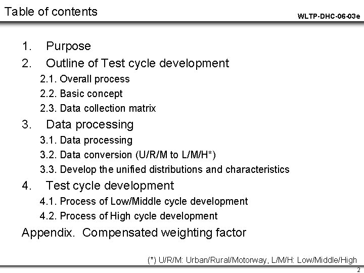 Table of contents 1. 2. WLTP-DHC-06 -03 e Purpose Outline of Test cycle development