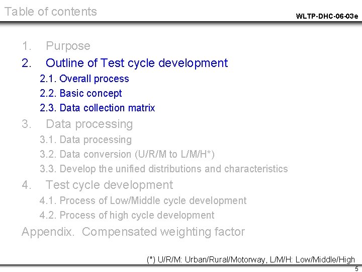 Table of contents 1. 2. WLTP-DHC-06 -03 e Purpose Outline of Test cycle development