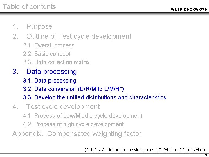 Table of contents 1. 2. WLTP-DHC-06 -03 e Purpose Outline of Test cycle development