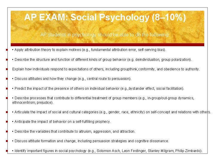 AP EXAM: Social Psychology (8– 10%) AP students in psychology should be able to