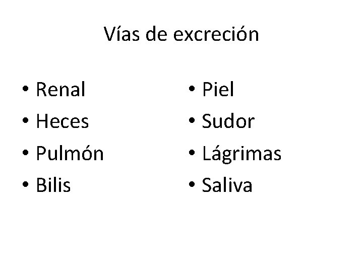 Vías de excreción • Renal • Heces • Pulmón • Bilis • Piel •