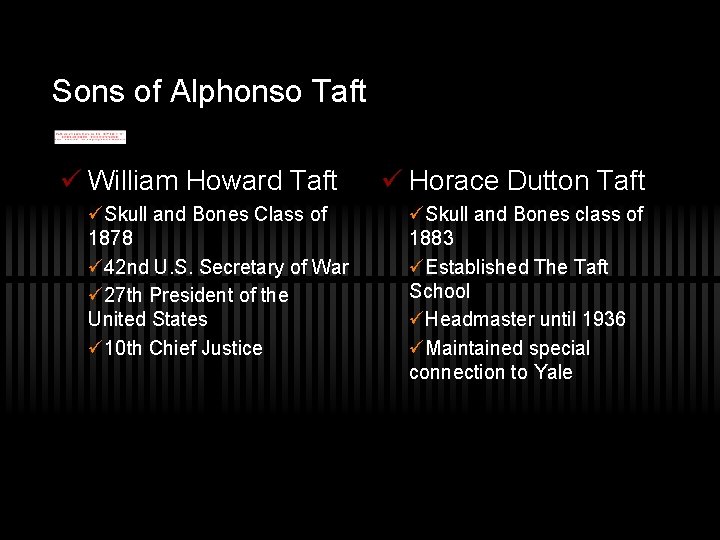 Sons of Alphonso Taft ü William Howard Taft üSkull and Bones Class of 1878