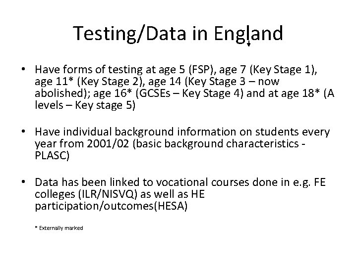 Testing/Data in England • Have forms of testing at age 5 (FSP), age 7