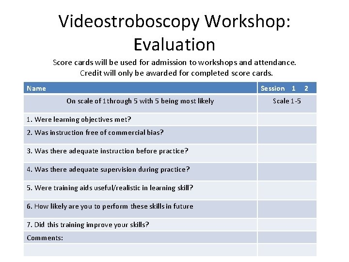 Videostroboscopy Workshop: Evaluation Score cards will be used for admission to workshops and attendance.