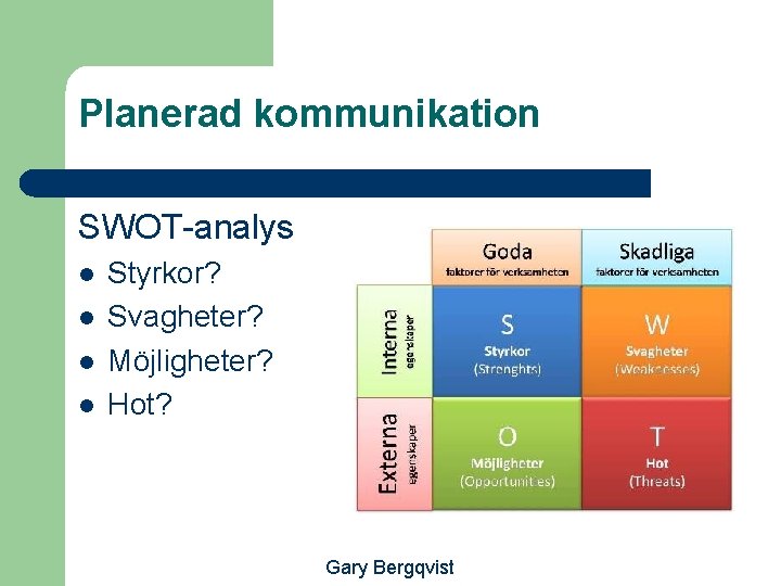 Planerad kommunikation SWOT-analys l l Styrkor? Svagheter? Möjligheter? Hot? Gary Bergqvist 