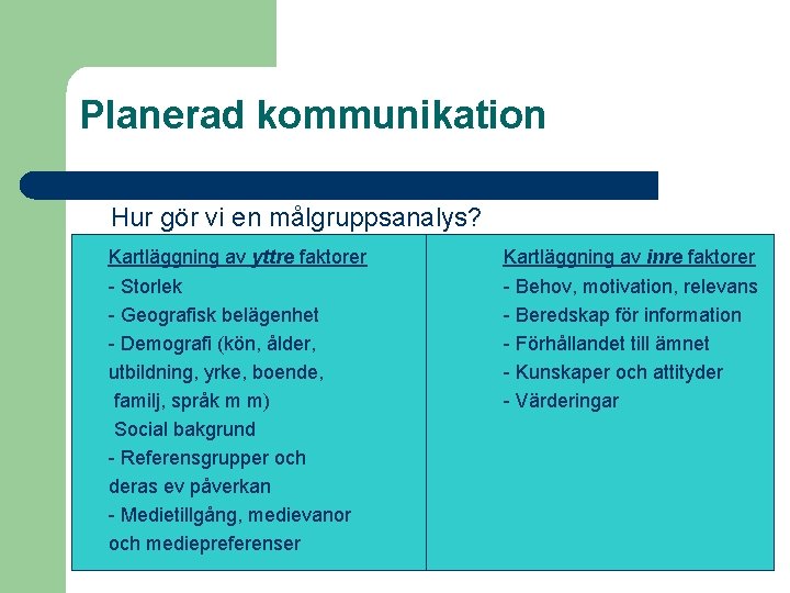 Planerad kommunikation Hur gör vi en målgruppsanalys? Kartläggning av yttre faktorer Kartläggning av inre